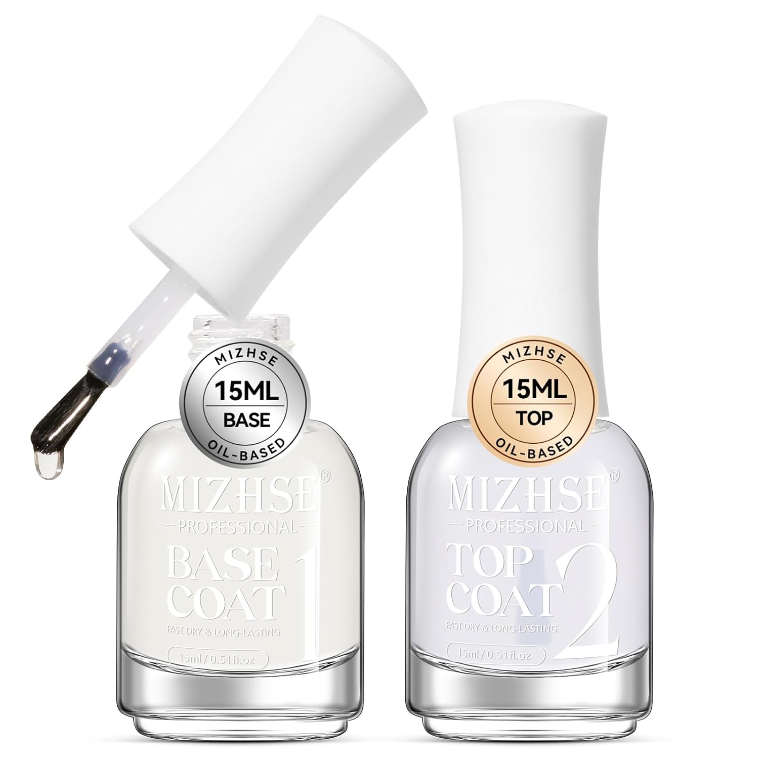 MIZHSE Base and Top Coat Nail Polish Quick Dry, 15 ml 0.5 fl oz Basic Nail Polish Non Gel, Air Dry Fast Nail Polish Protective High-Glossy Shiny Clear Long Lasting Nail Art Manicure at Home