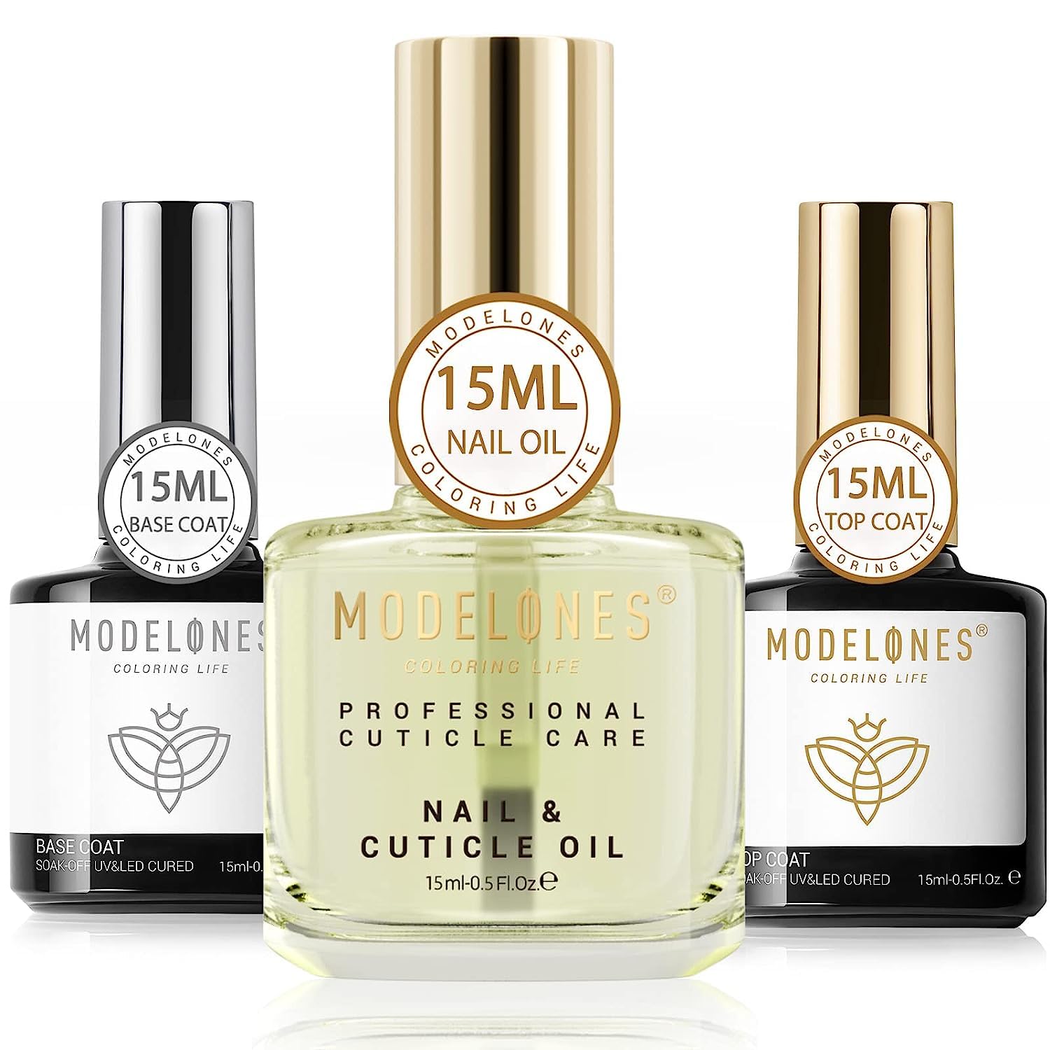 modelones 15 ml Gel Top Coat & Base with Cuticle Oil Set, 3 Pcs Gel Nail Polish Cuticle Protectors Kit No Wipe Base Gloss Top Coat & Nail Oil