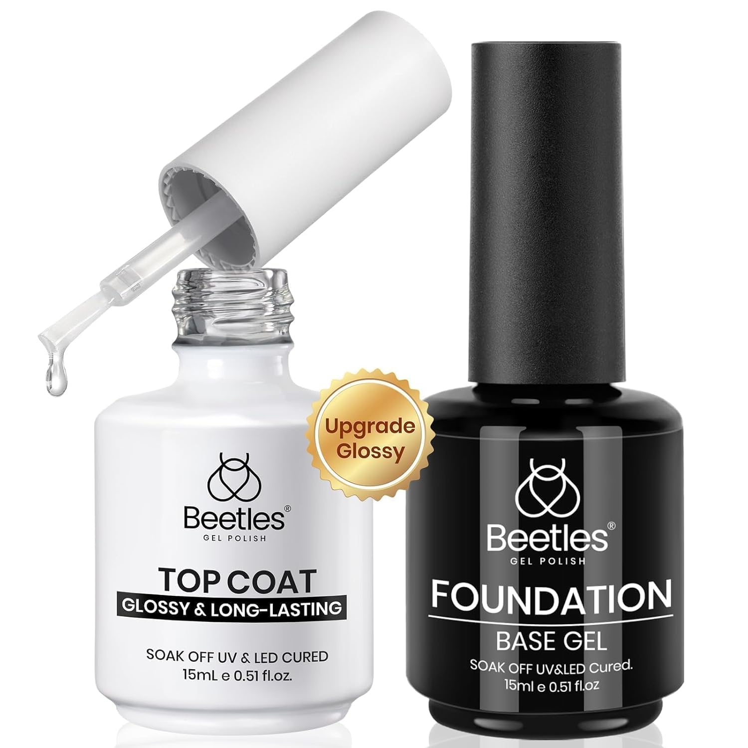 Beetles Gel Base and Top Coat,2 Pcs 15ml Upgrade Super Shiny Gel Top Coat and Base Coat Set,Glossy and Long-Lasting Gel Polish,Soak Off Nail Lamp Foundation Combination Gel Polish Base and Top Coat