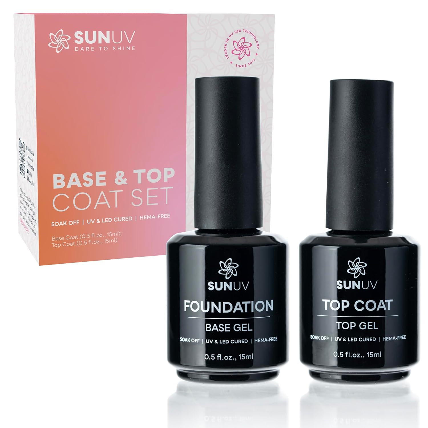 SUNUV 15ml Gel Top Coat and Base Coat Set, Gel Nail Polish Kit 2 Pack, Hema Free Gel for Nails Art Manicure UV Nail Lamp No Wipe High Gloss Gifts for Women